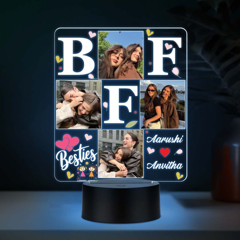 Personalized BFF 3D LED Photo Lamp Custom Photos & Names 3D Illusion Bedside Night Light Friendship Gift for Besties, Sisters Birthday Gift for BFF Multicolored Light